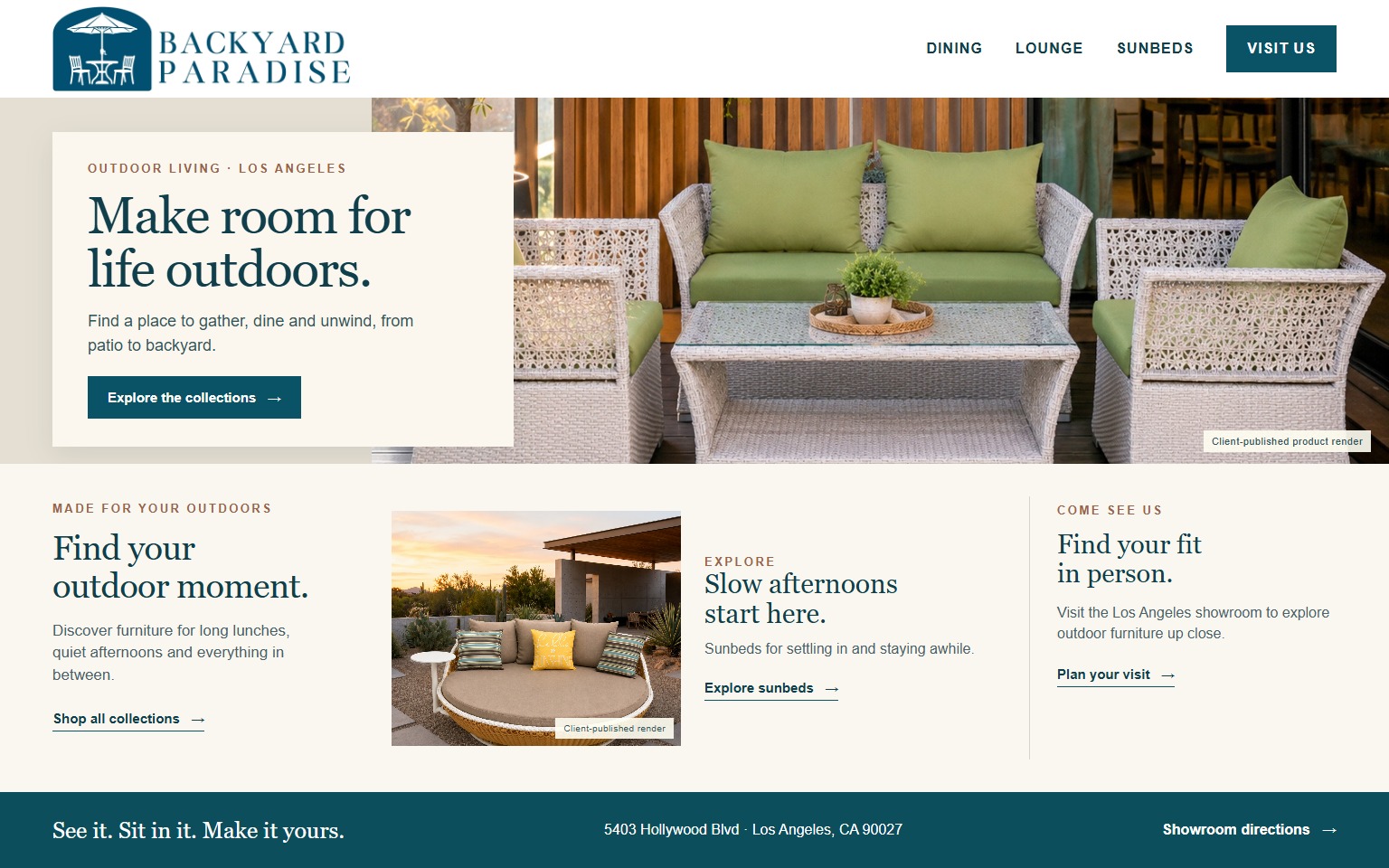 Proposed Backyard Paradise homepage: large outdoor furniture photography, collection links and showroom address